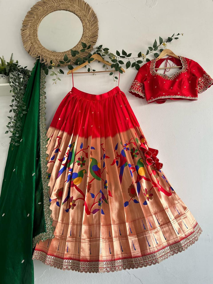 Red Paithani Silk Lehenga