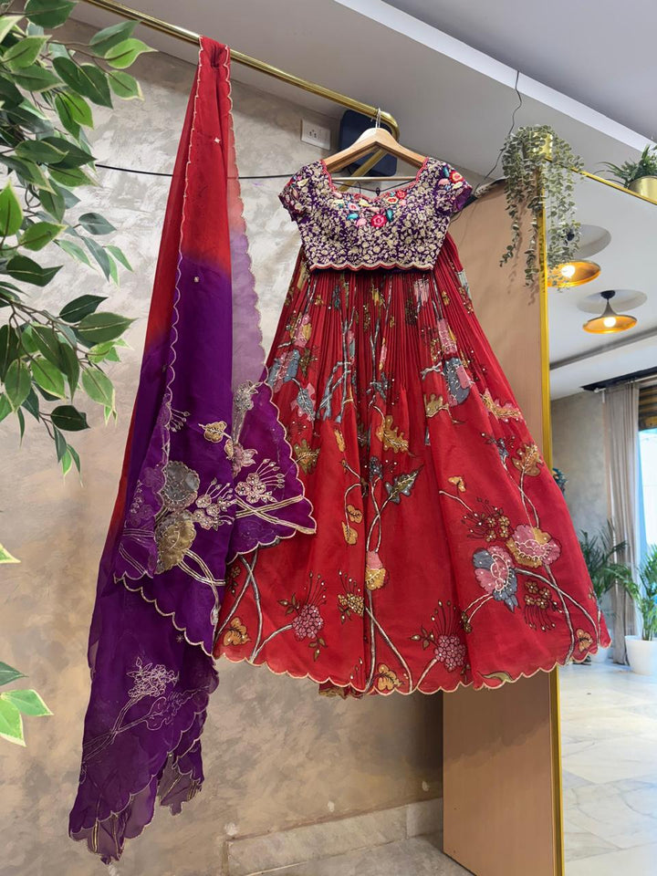 Red Organza Silk Pen Kalamkari Lehenga