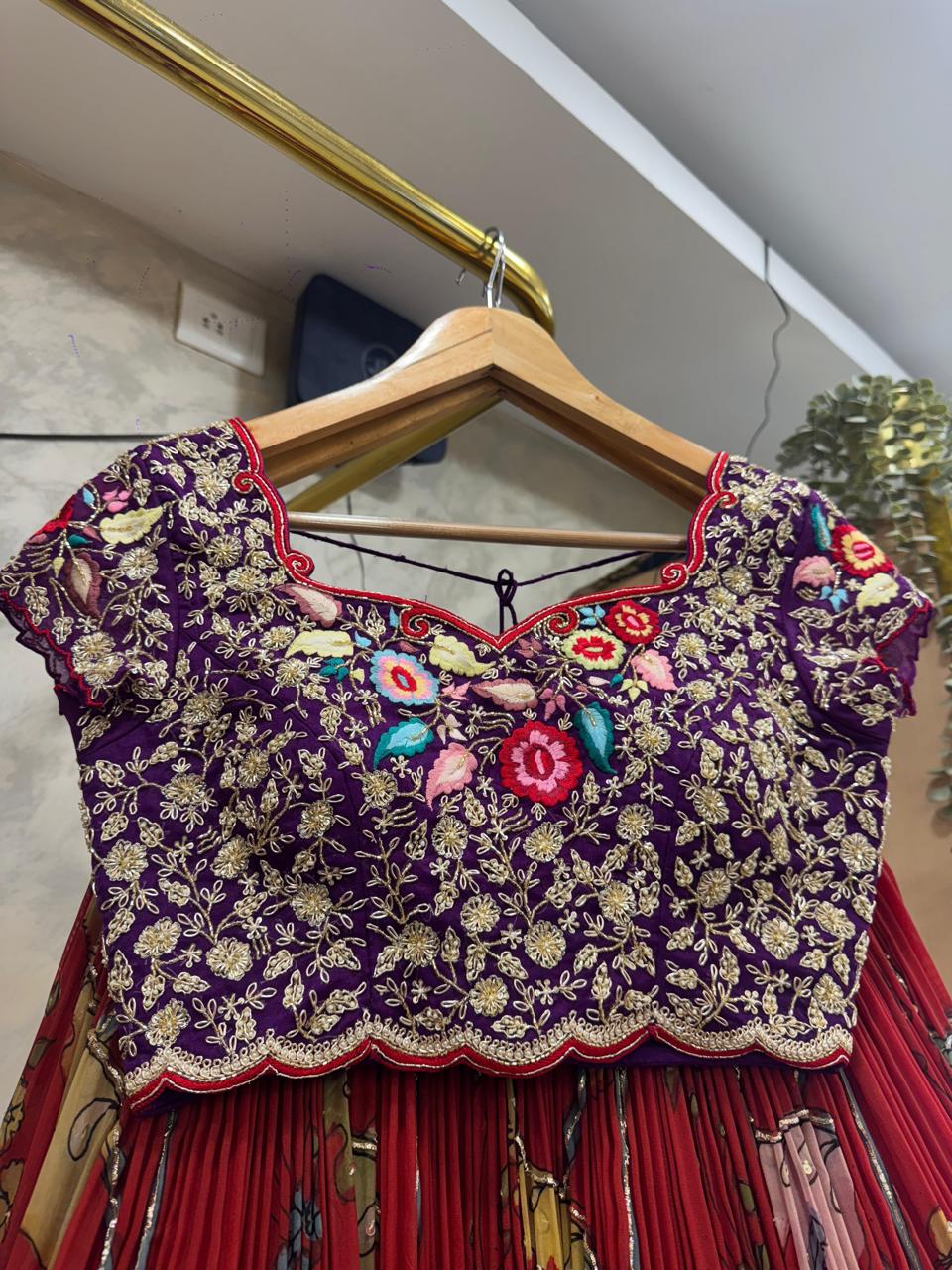 Red Organza Silk Pen Kalamkari Lehenga