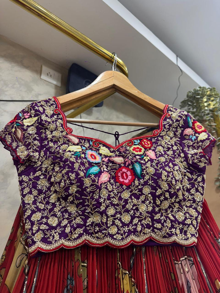 Red Organza Silk Pen Kalamkari Lehenga