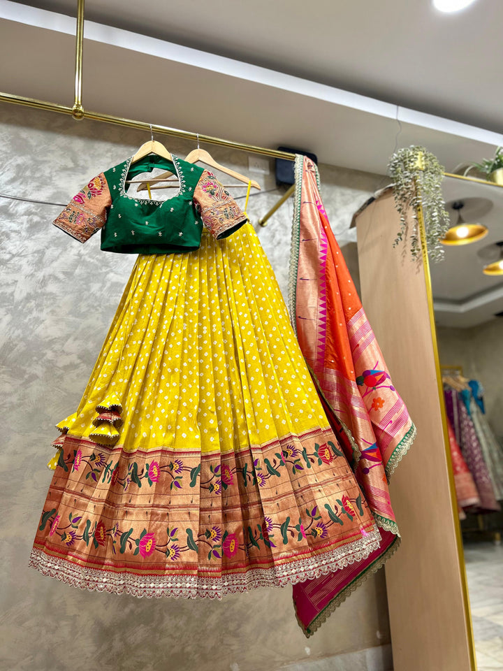Green and Yellow Bandani Paithani Lehenga