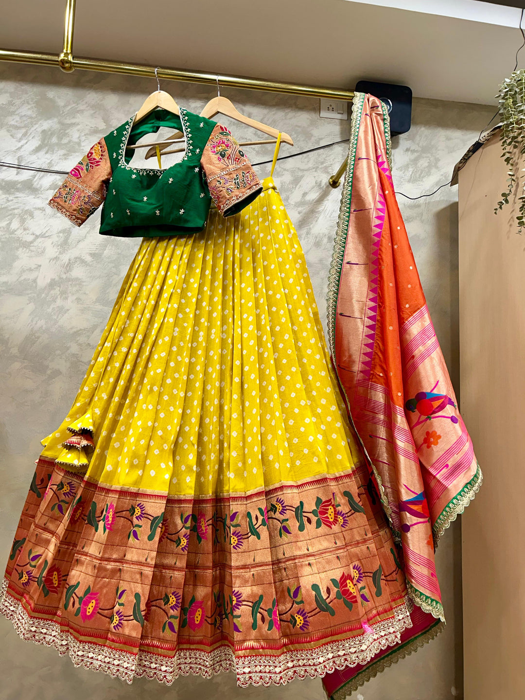 Green and Yellow Bandani Paithani Lehenga