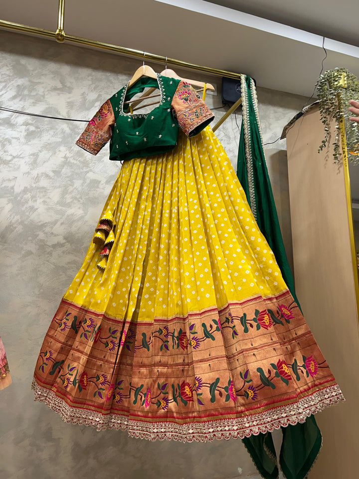 Green and Yellow Bandani Paithani Lehenga