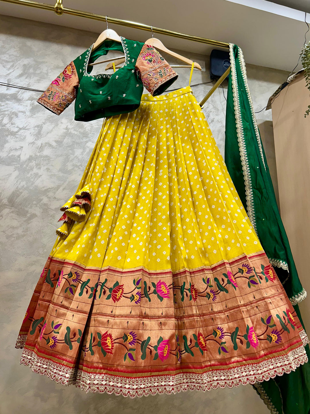 Green and Yellow Bandani Paithani Lehenga