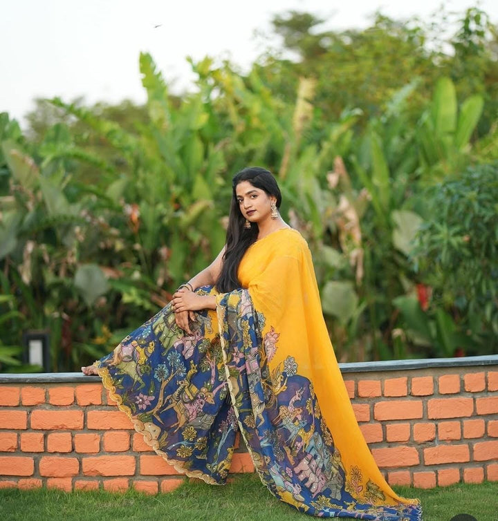 Yellow Pen Kalamkari Organza Silk Saree