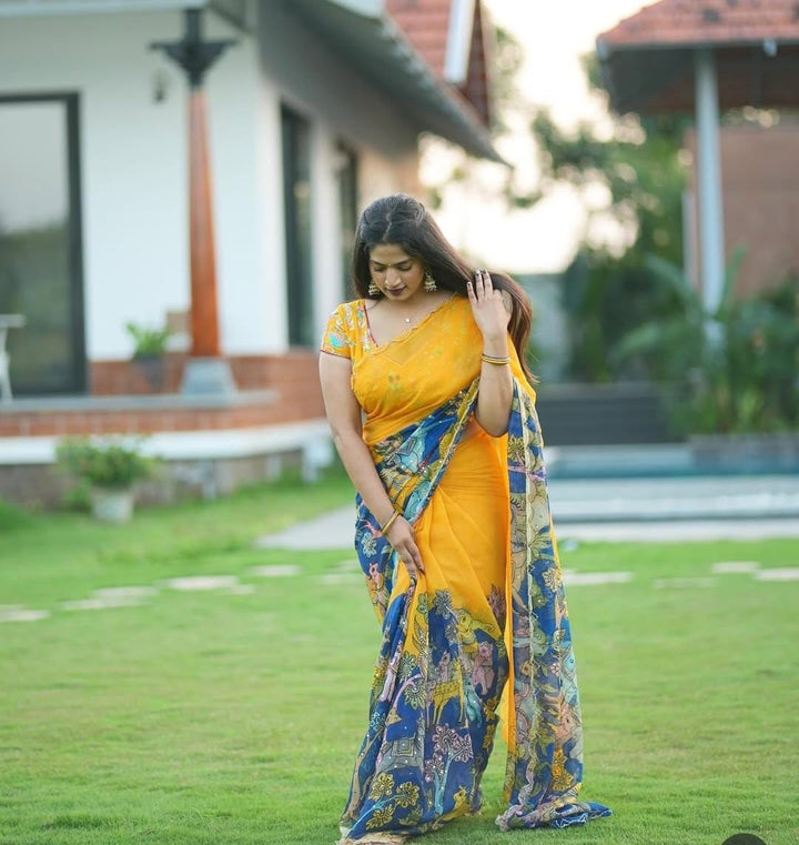 Yellow Pen Kalamkari Organza Silk Saree