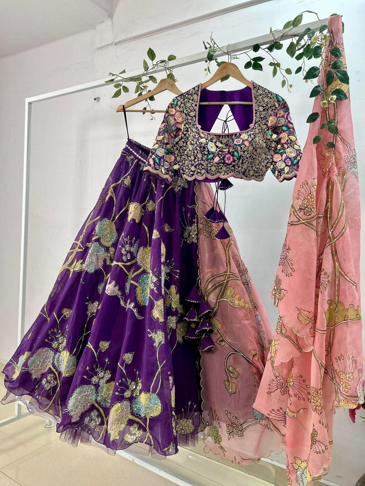 Purple Organza Silk Pen Kalamkari Lehenga