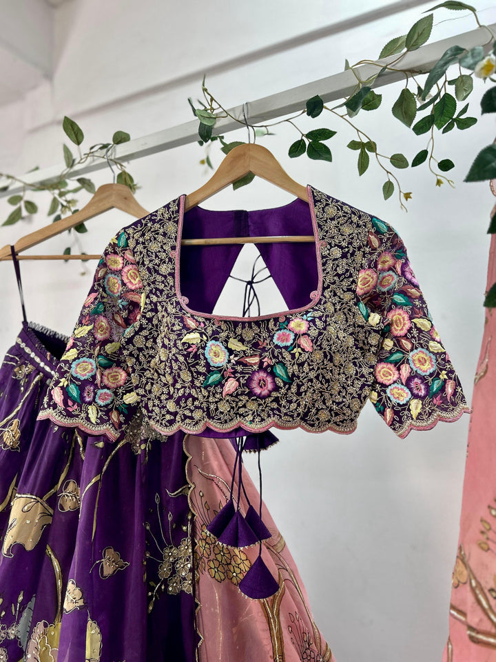 Purple Organza Silk Pen Kalamkari Lehenga