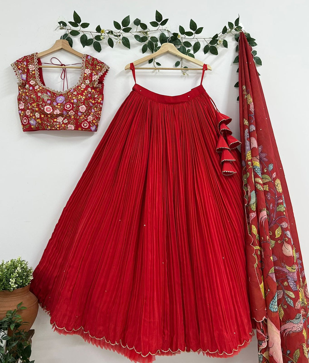 Red Natural Crape Silk Lehenga