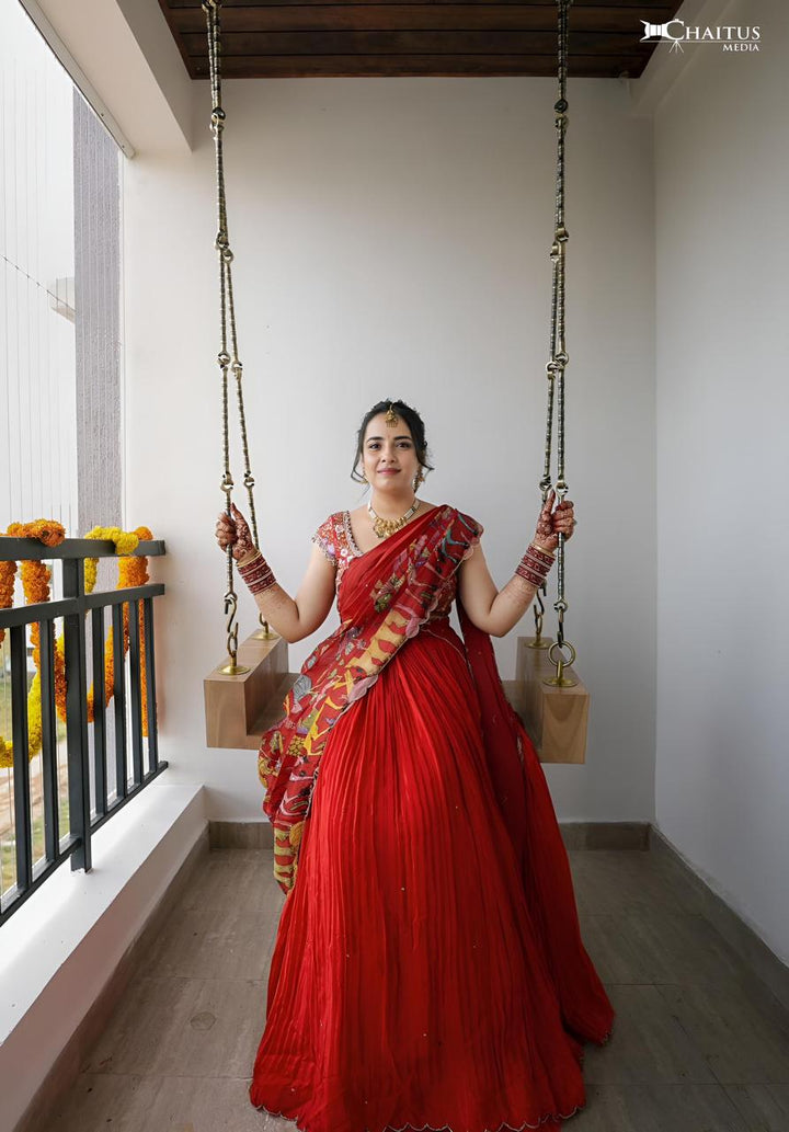 Red Natural Crape Silk Lehenga