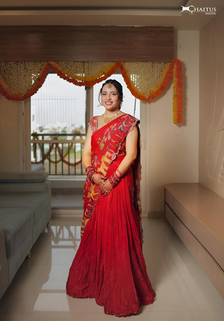 Red Natural Crape Silk Lehenga