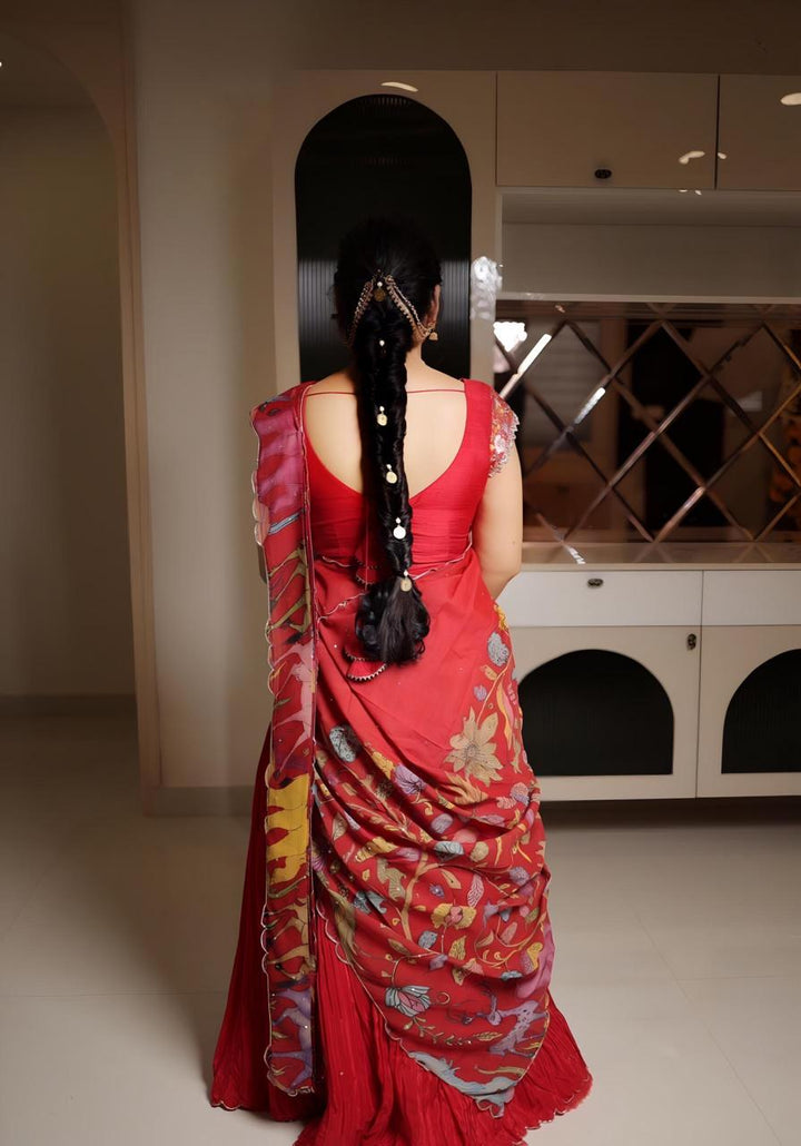 Red Natural Crape Silk Lehenga