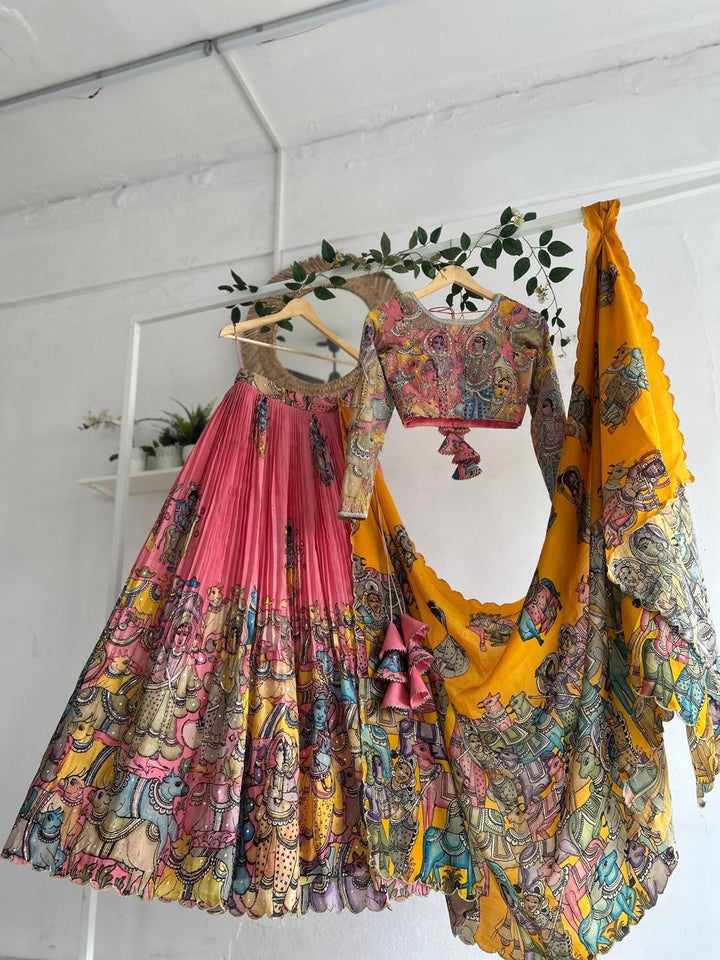Peachish Pink Kalamkari Silk Lehenga