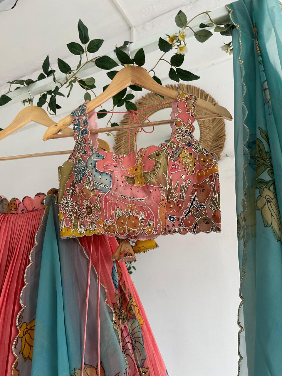 Peachish Pink Kalamkari Silk Lehenga