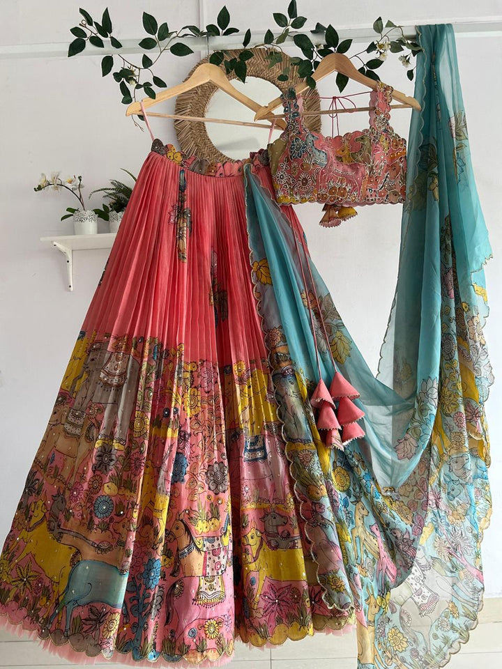 Peachish Pink Kalamkari Silk Lehenga