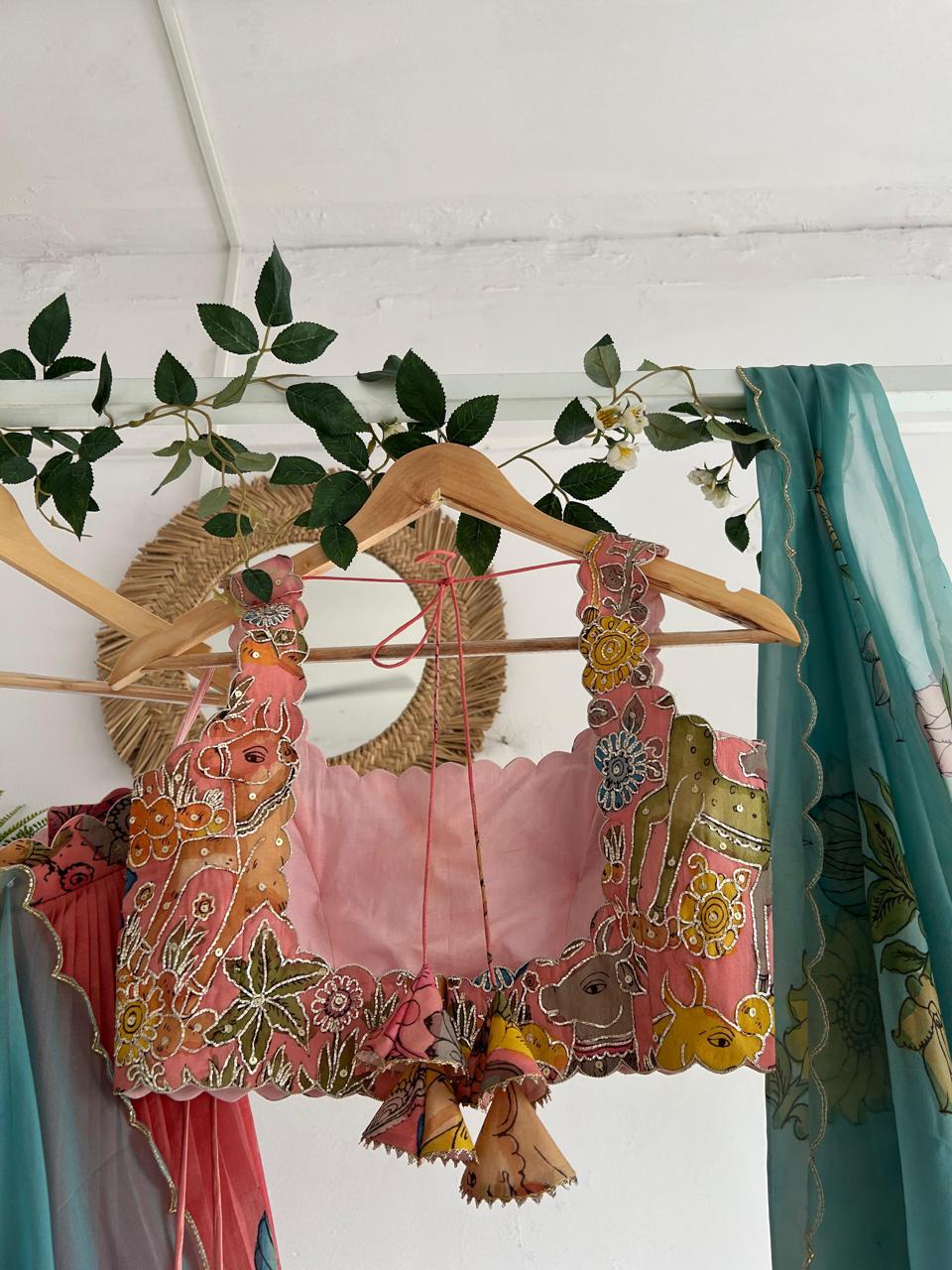 Peachish Pink Kalamkari Silk Lehenga