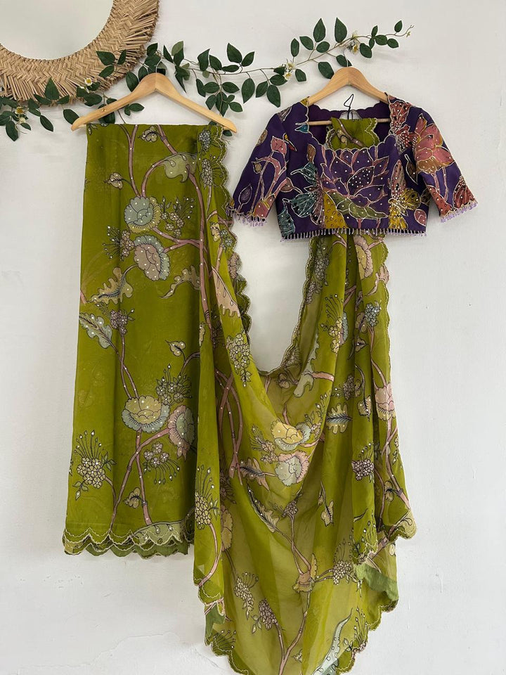 Green Pen Kalamkari Silk Saree