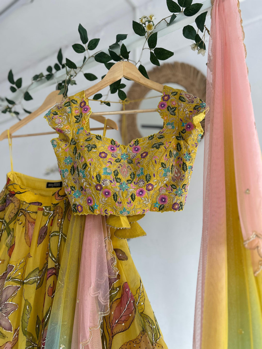 Yellow Organza Silk Pen Kalamkari Lehenga