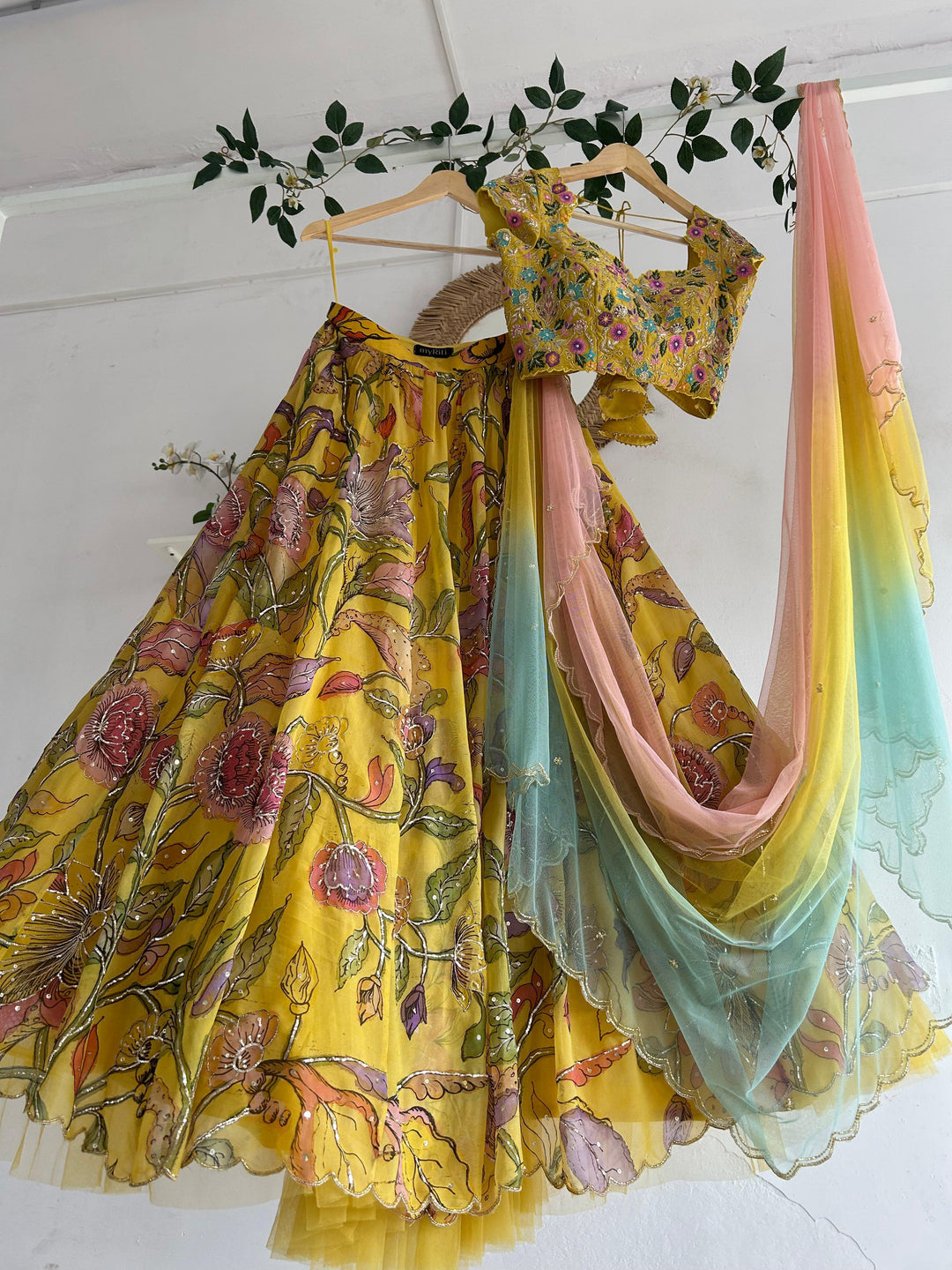 Yellow Organza Silk Pen Kalamkari Lehenga