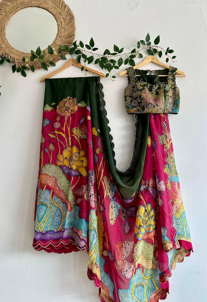 Pink & Green Pen Kalamkari Silk Saree