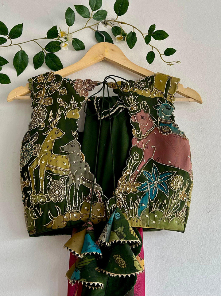 Pink & Green Pen Kalamkari Silk Saree