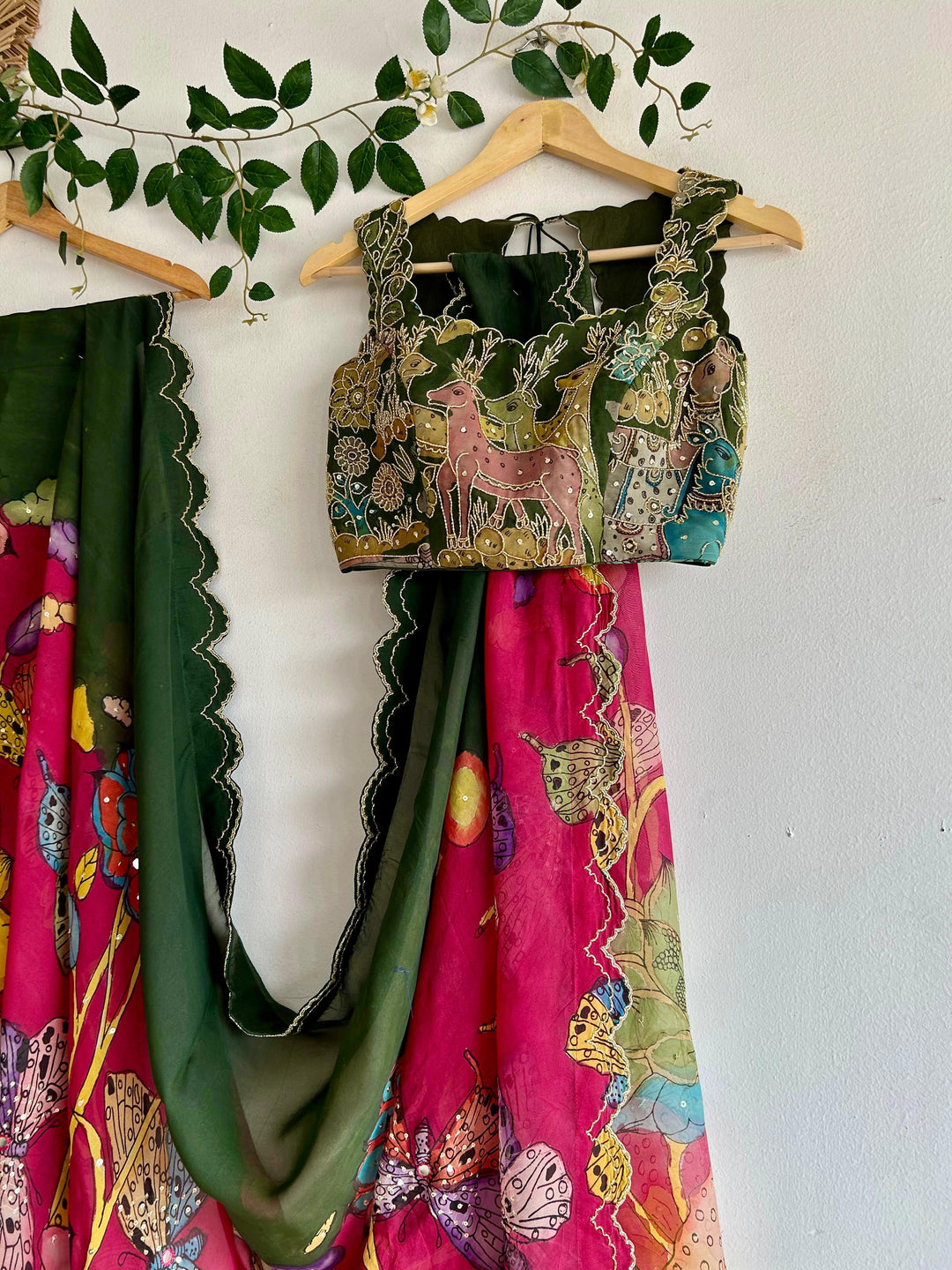 Pink & Green Pen Kalamkari Silk Saree