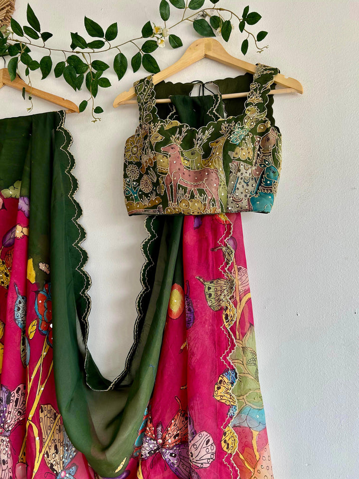 Pink & Green Pen Kalamkari Silk Saree