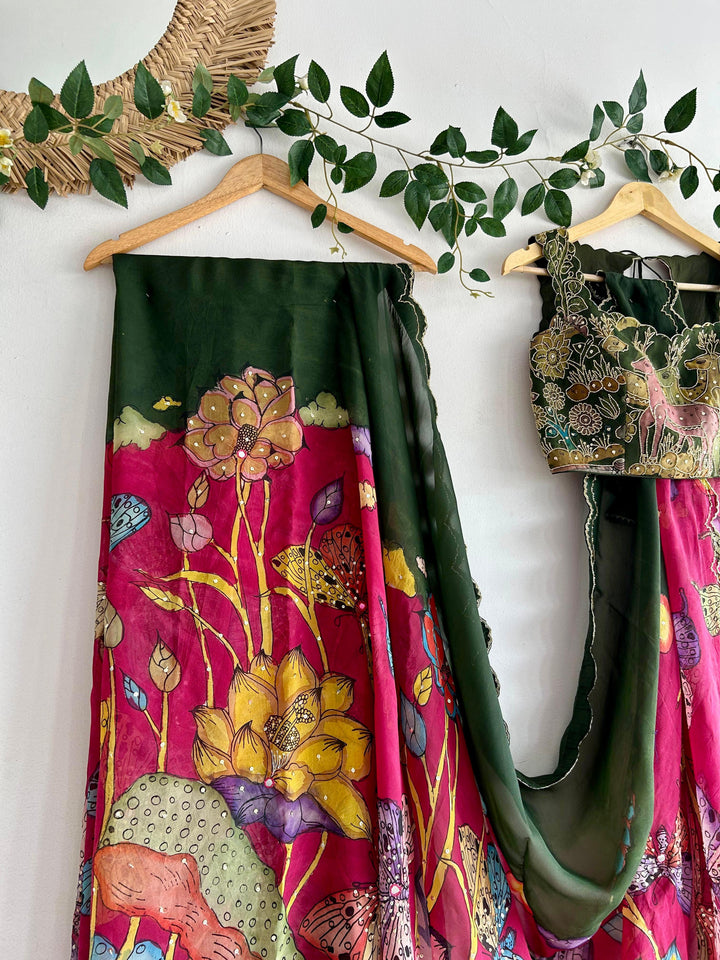 Pink & Green Pen Kalamkari Silk Saree