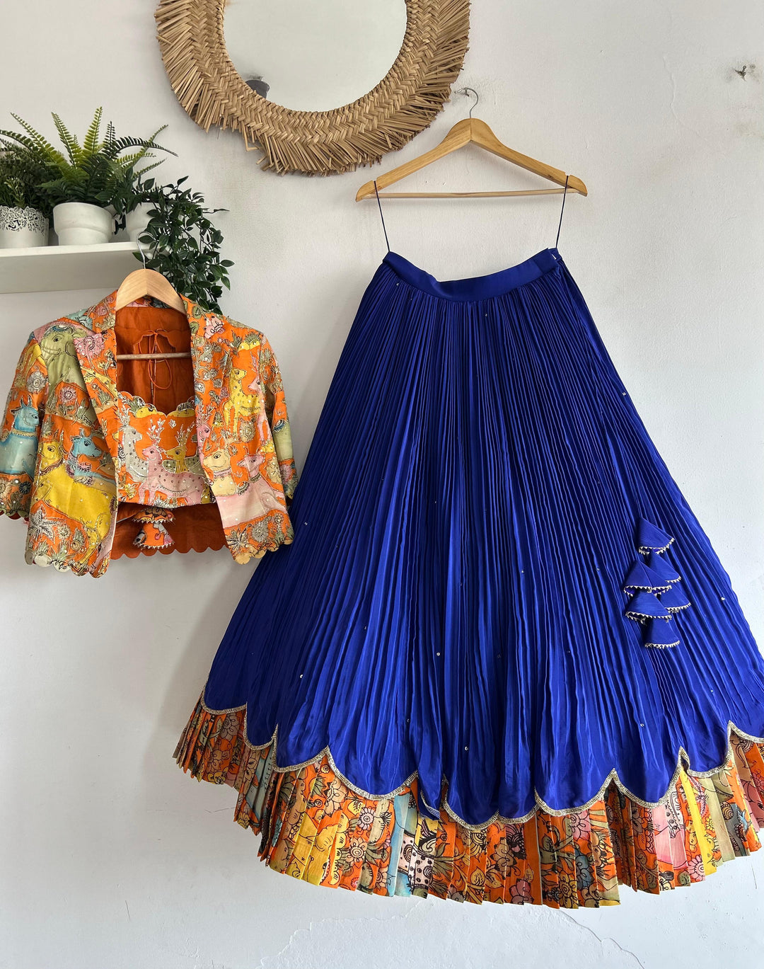 Orange & Blue Natural Crape Silk Lehenga