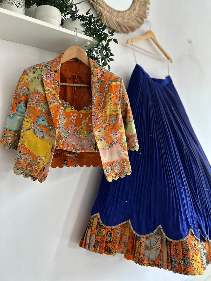 Orange & Blue Natural Crape Silk Lehenga