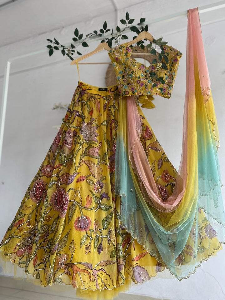 Yellow Organza Silk Pen Kalamkari Lehenga