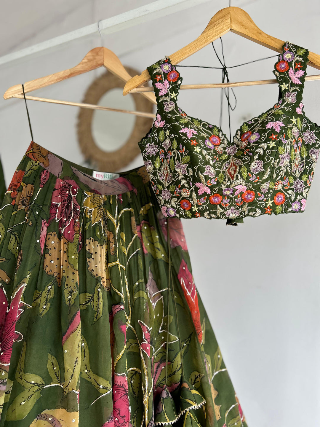 Green Organza Silk Pen Kalamkari Lehenga