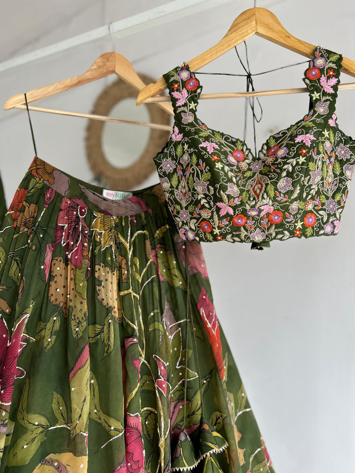 Green Organza Silk Pen Kalamkari Lehenga