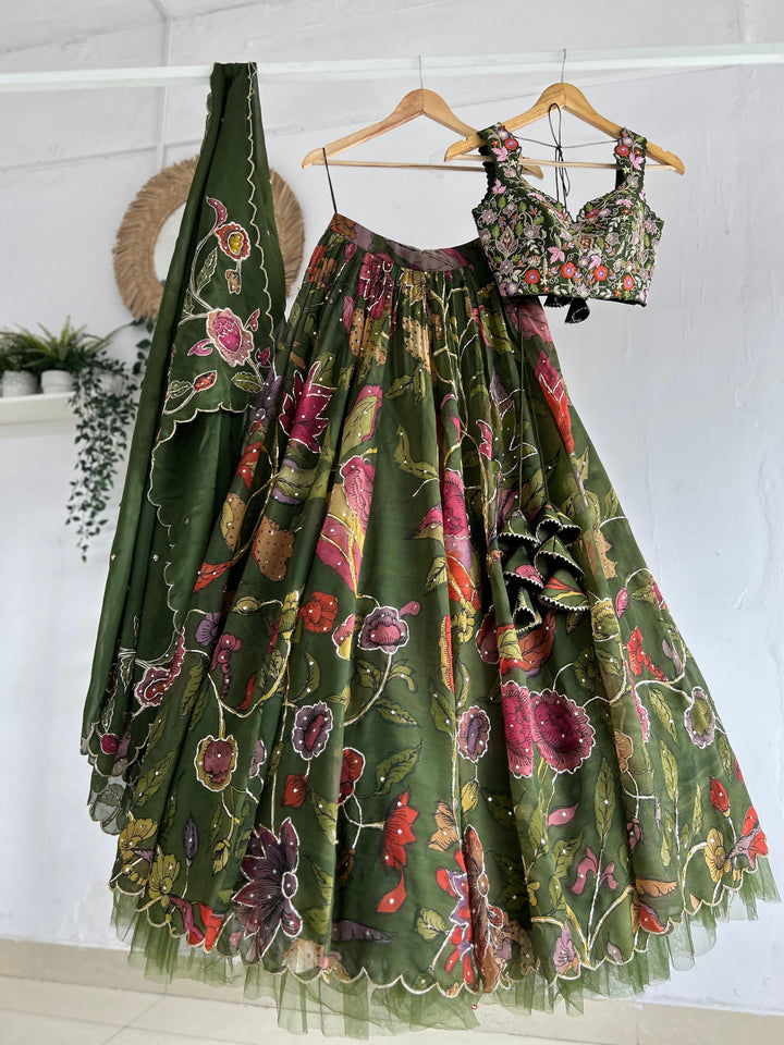 Green Organza Silk Pen Kalamkari Lehenga