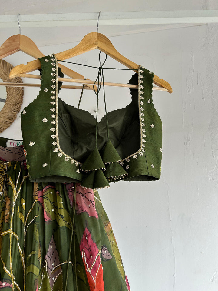 Green Organza Silk Pen Kalamkari Lehenga