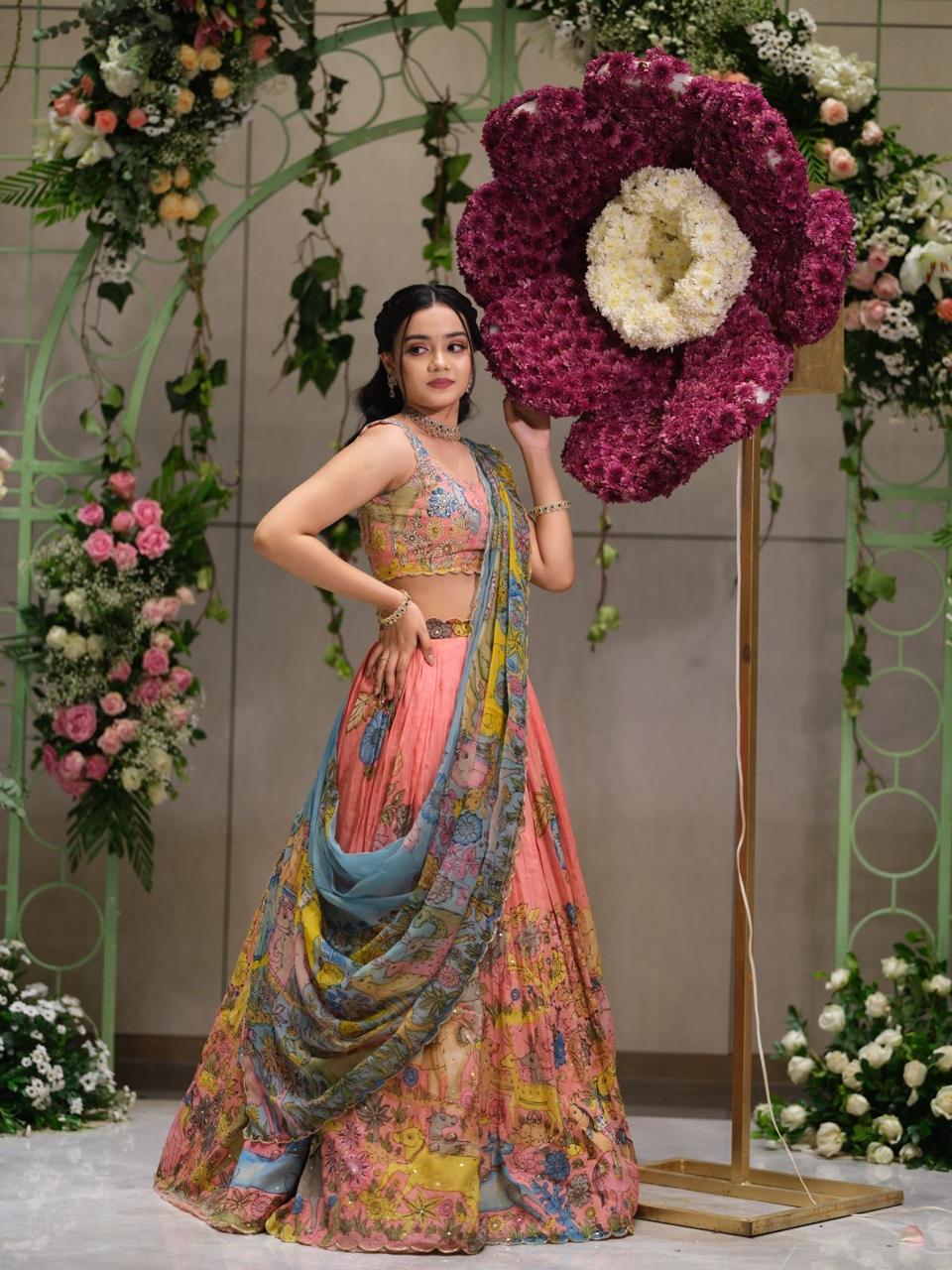 Peachish Pink Kalamkari Silk Lehenga