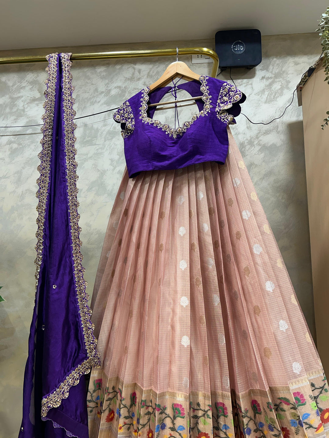 Purple and Peach Kota Silk Lehenga