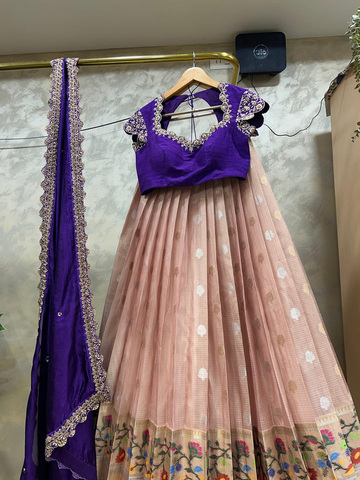 Purple and Peach Kota Silk Lehenga