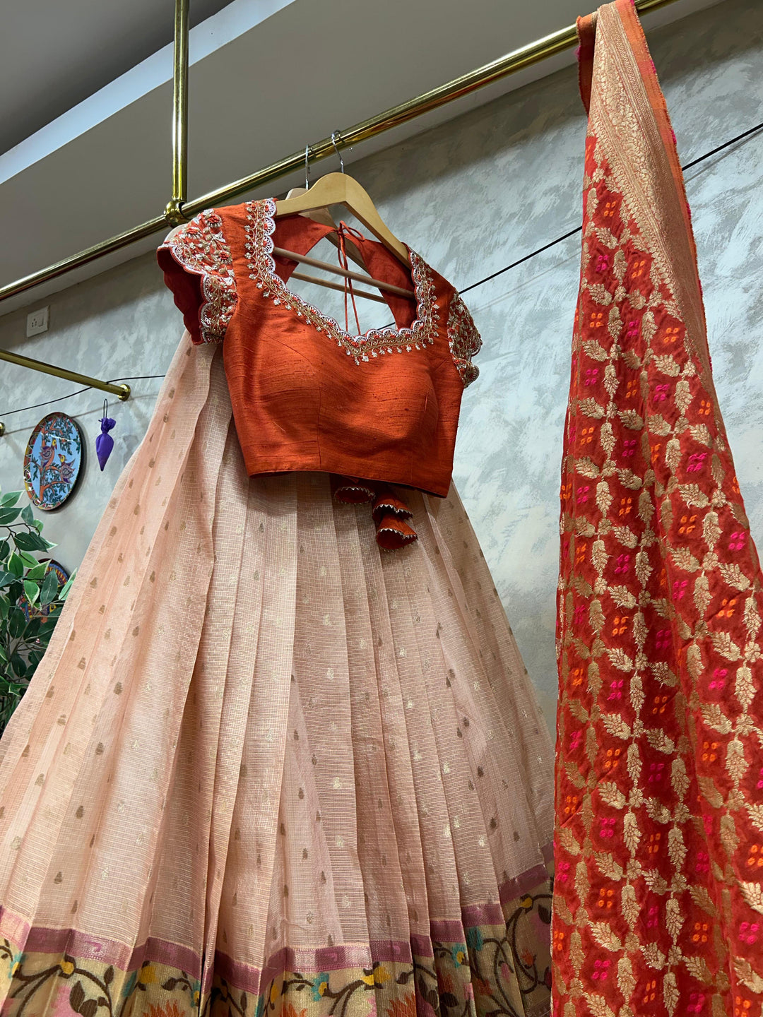 Orange & Peach Kota Silk Lehenga