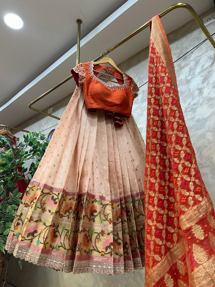 Orange & Peach Kota Silk Lehenga