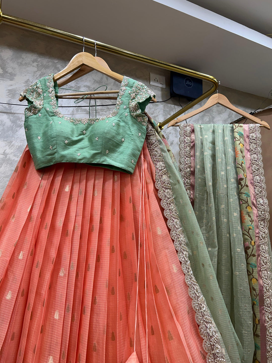 Sea Green & Peach Kota Silk Lehenga