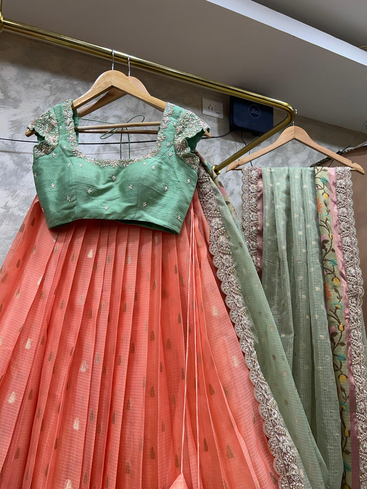 Sea Green & Peach Kota Silk Lehenga