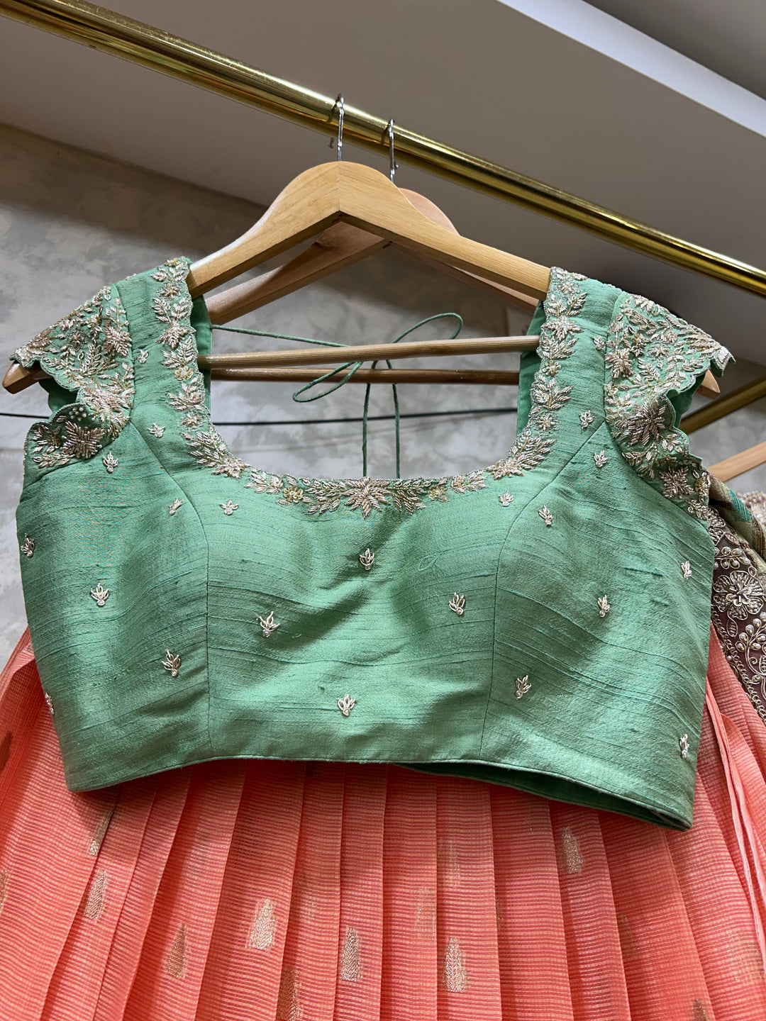 Sea Green & Peach Kota Silk Lehenga