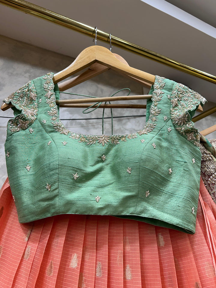 Sea Green & Peach Kota Silk Lehenga
