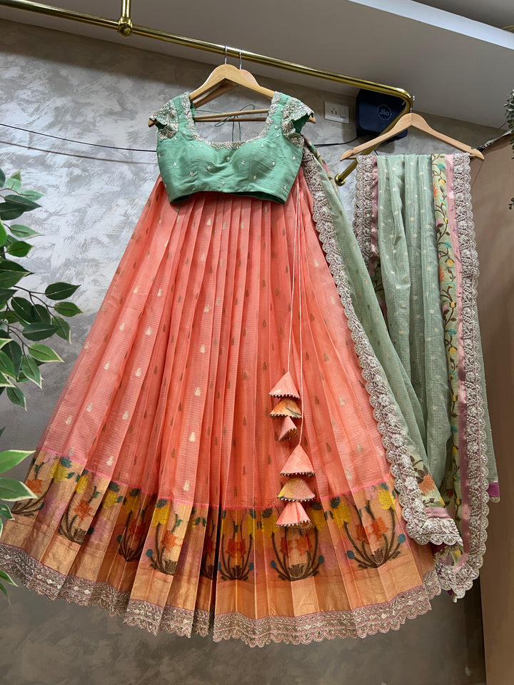 Sea Green & Peach Kota Silk Lehenga