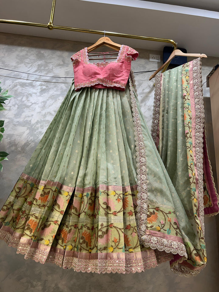 Pink & Sea Green Kota Silk Lehenga