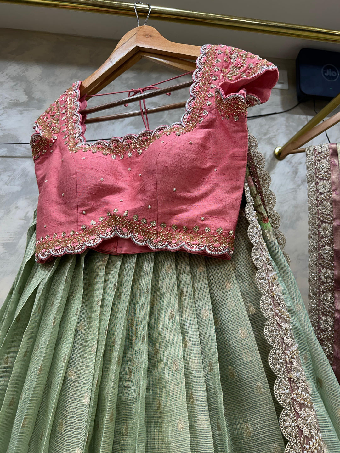 Pink & Sea Green Kota Silk Lehenga