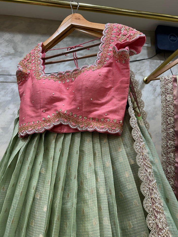 Pink & Sea Green Kota Silk Lehenga