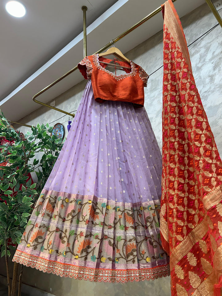 Orange & Lavender Kota Silk Lehenga