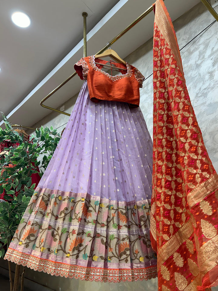 Orange & Lavender Kota Silk Lehenga